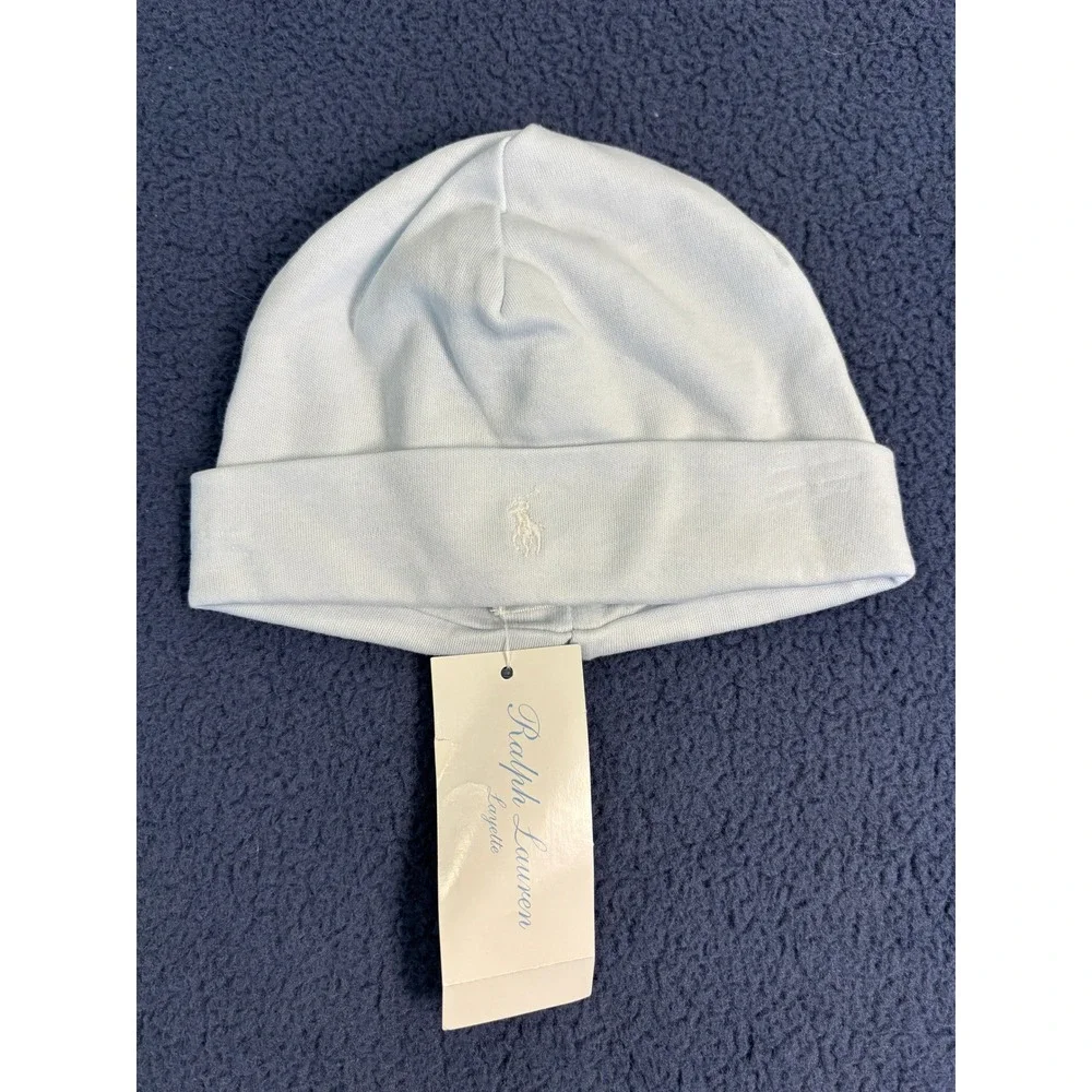 Ralph Lauren Layette Baby Beanie Hat‎ Light Blue Cotton Pony Logo One Size NWT
